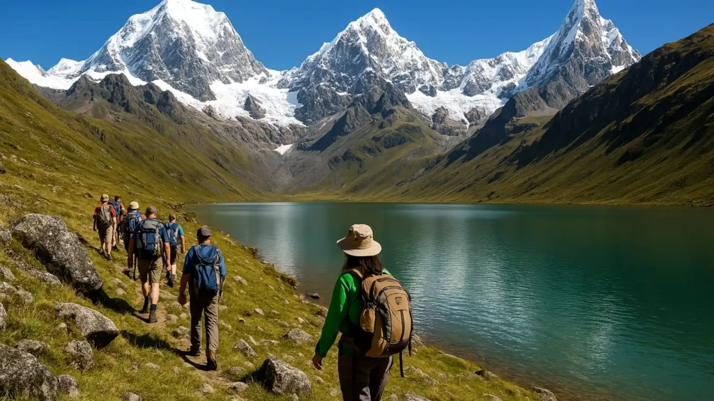 Huayhuash Trekking con grupo de excursionistas caminando junto a una laguna turquesa rodeada de montañas y nevados en la Cordillera Huayhuash.