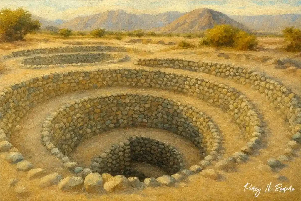 Vista de los Acueductos de Cantalloc en Nasca, destino turístico de Ica que muestra el ingenio hidráulico preincaico.