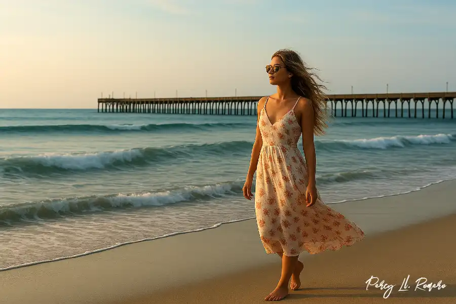 Turista caminando por la orilla del mar al atardecer en la playa de Cerro Azul, uno de los lugares turísticos de Cañete más visitados por su muelle y encanto costero.