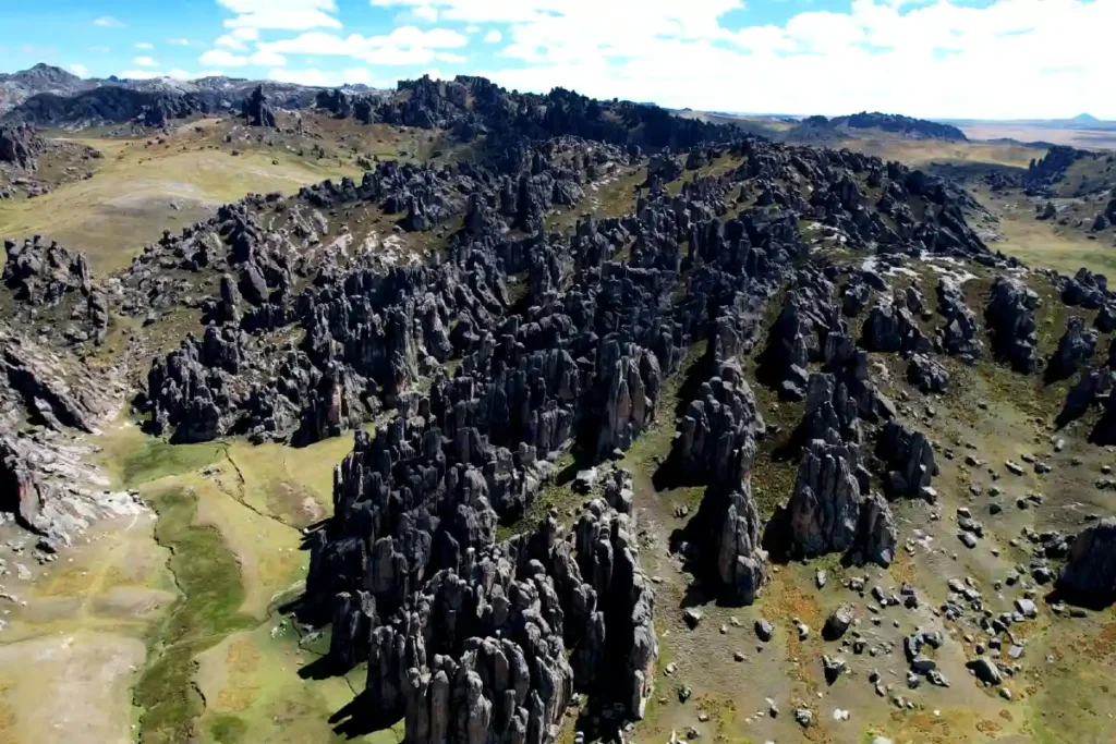 Formaciones rocosas naturales del Bosque de Piedras de Huayllay, extendiéndose sobre un paisaje andino en Pasco, Perú.