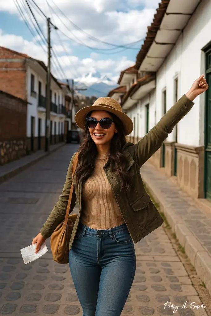 Calle José Olaya en Huaraz con casas de adobe y balcones tradicionales