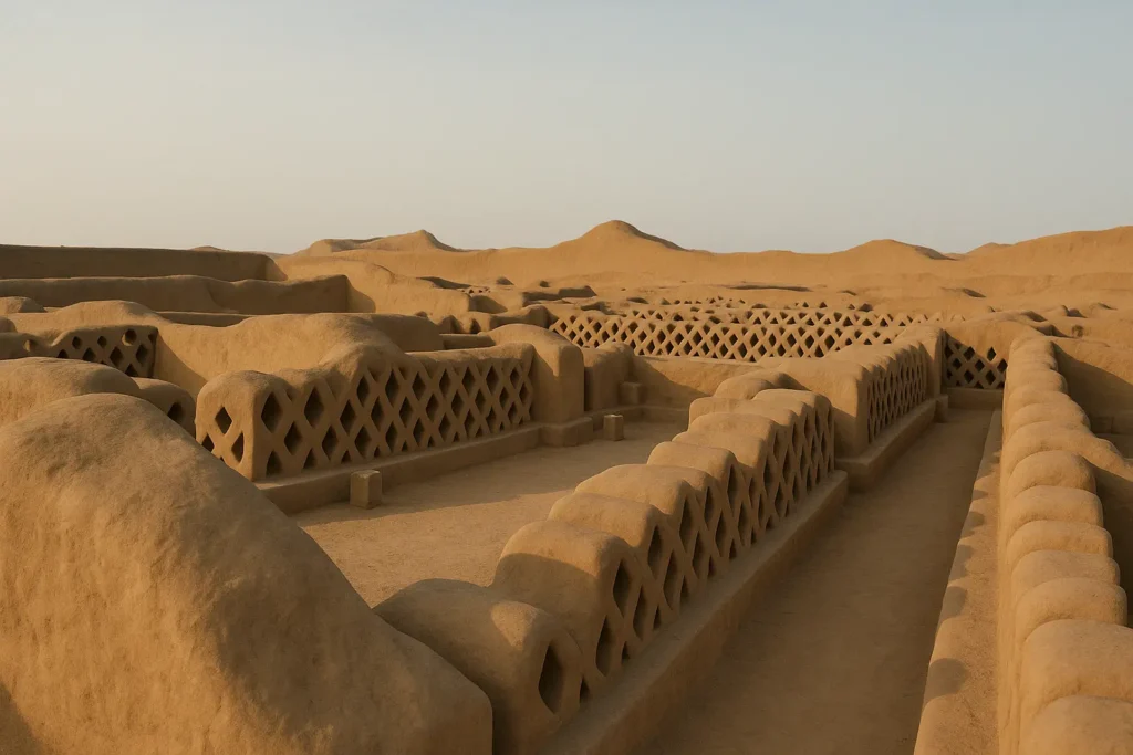 Vista del complejo arqueológico de Chan Chan, uno de los principales lugares turísticos de la costa peruana por su valor histórico y arquitectónico.
