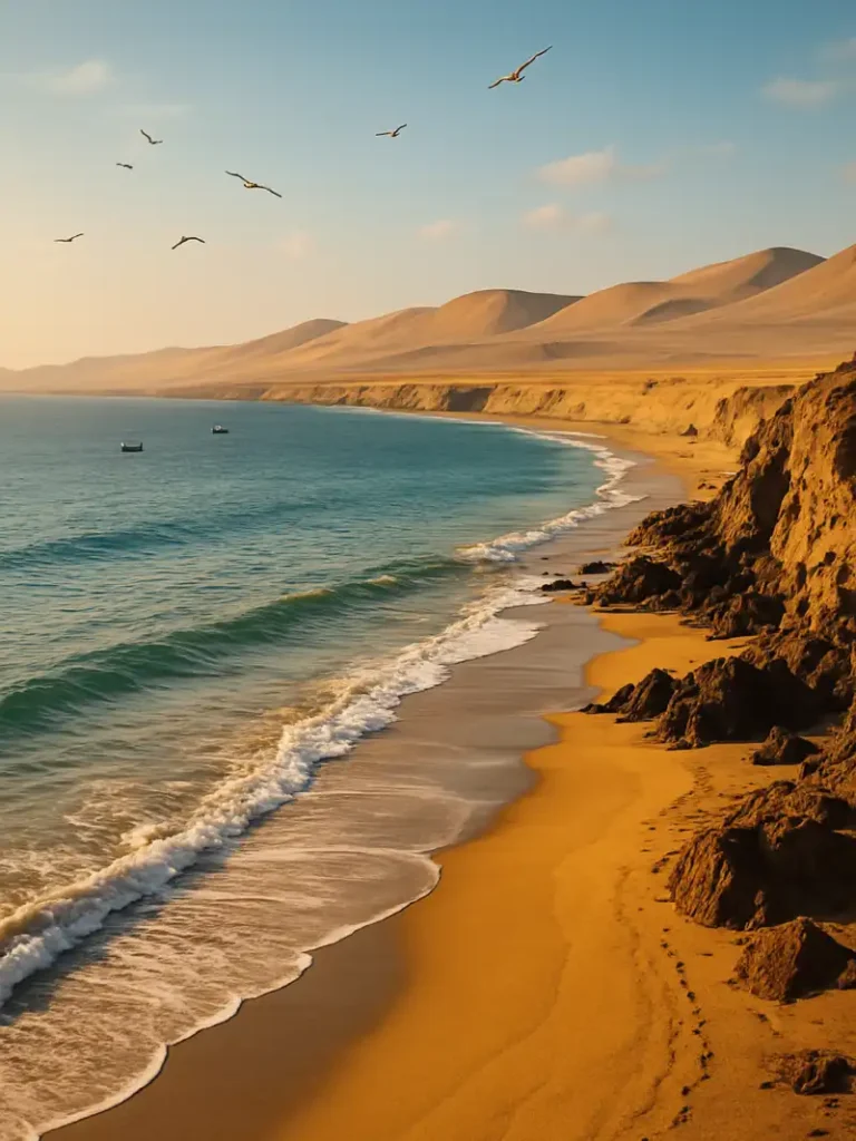 Paisaje costero representativo de los lugares turísticos del Perú, con playas y desiertos típicos de la costa peruana.