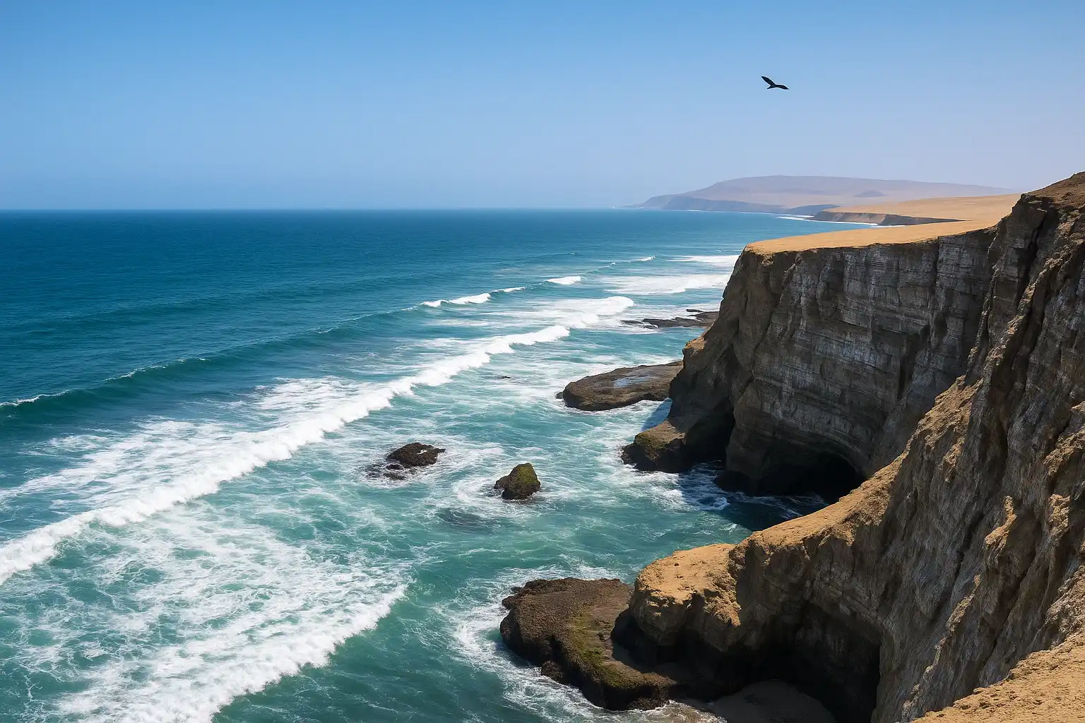 Acantilados y mar en la Reserva Nacional de Paracas, uno de los lugares turísticos de la costa peruana.
