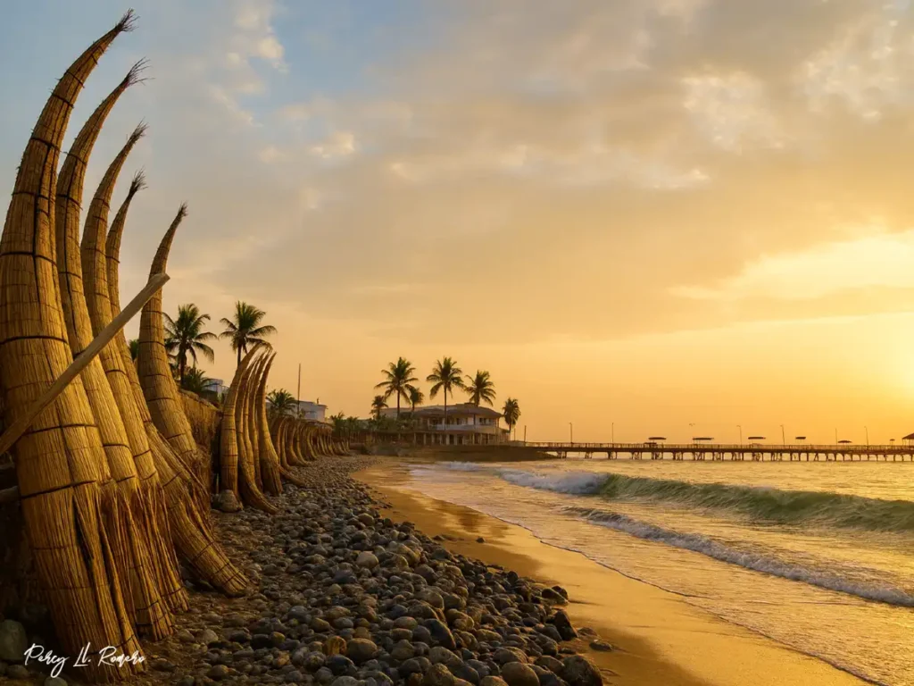 El balneario de Huanchaco en Trujillo, La Libertad es uno de los lugares turísticos de Trujillo, La Libertad famoso por los caballitos de totora y su muelle tradicional