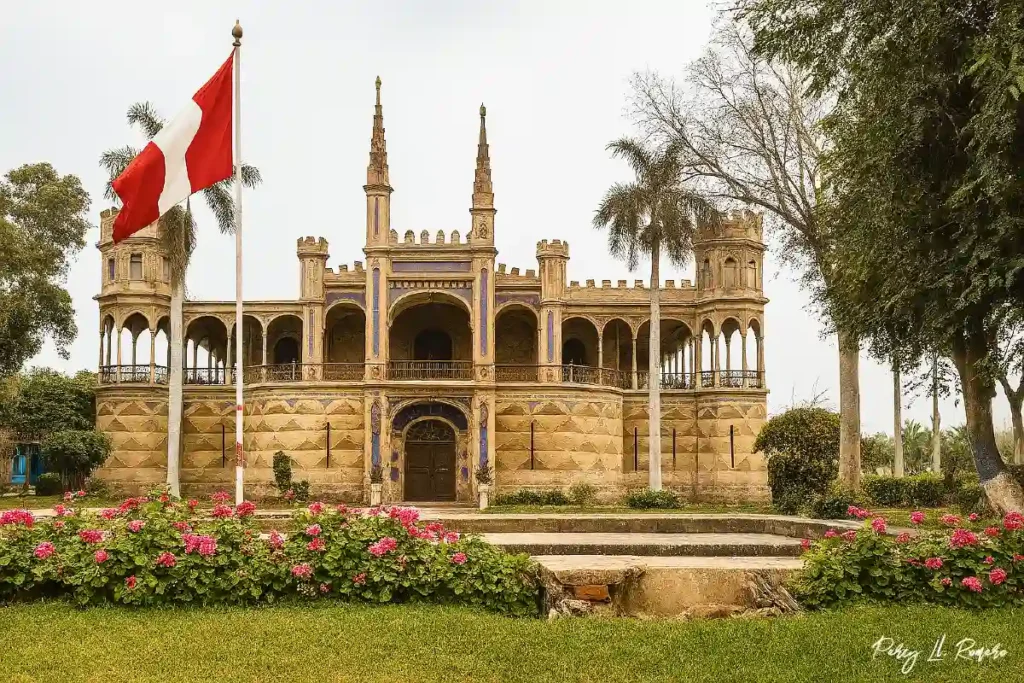 Fachada principal de la Casa Hacienda de Unanue en San Vicente de Cañete, con arquitectura virreinal y bandera del Perú al frente