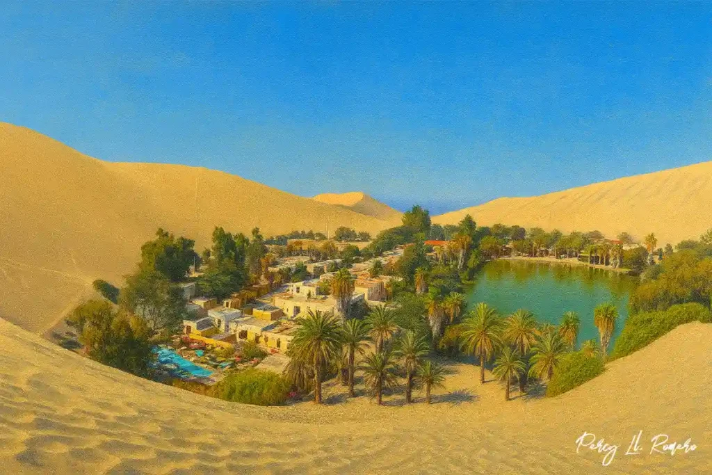 Vista panorámica del Oasis de Huacachina, uno de los lugares turísticos de Ica más visitados por viajeros nacionales y extranjeros.