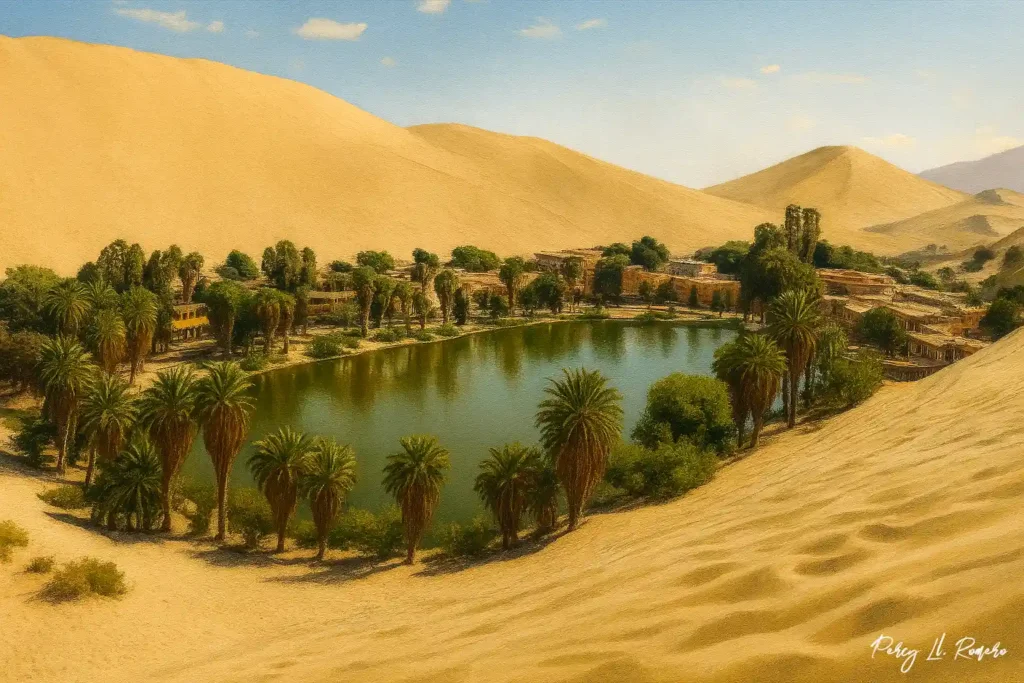 Vista panorámica de la Laguna Huacachina, uno de los lugares turísticos de Ica