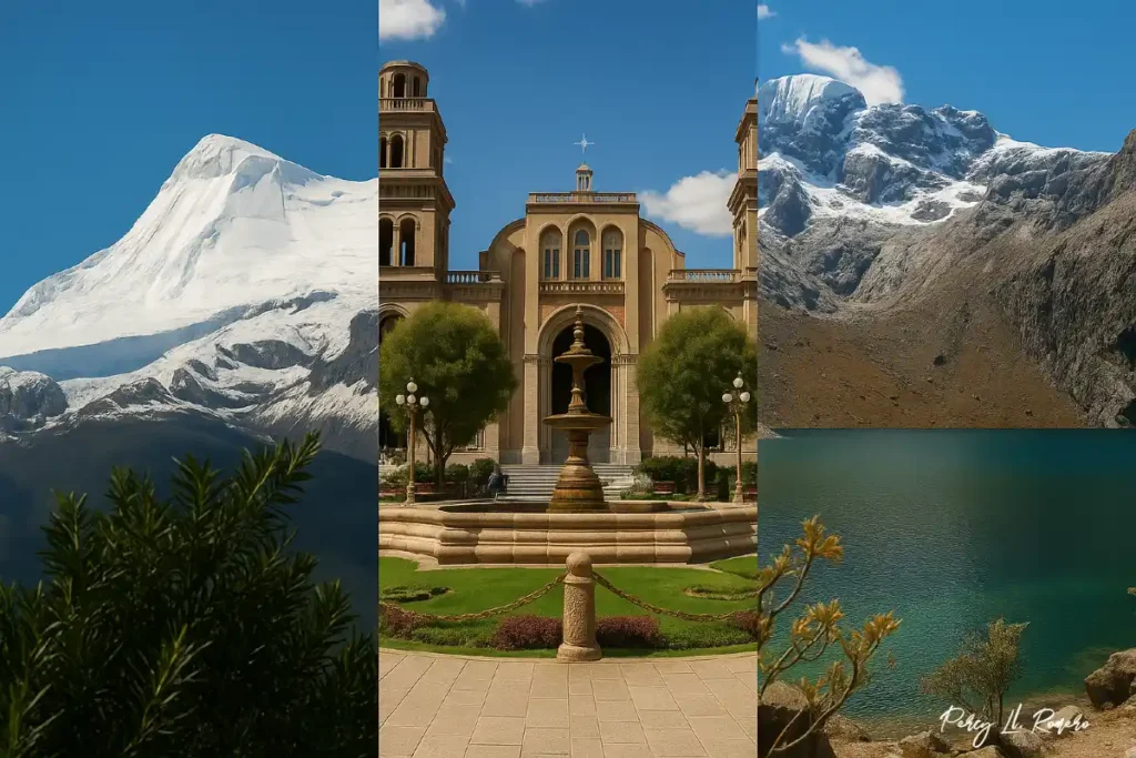 Collage de lugares turísticos de Huaraz: nevado imponente, Plaza de Armas con su catedral y laguna de alta montaña rodeada de picos andinos.