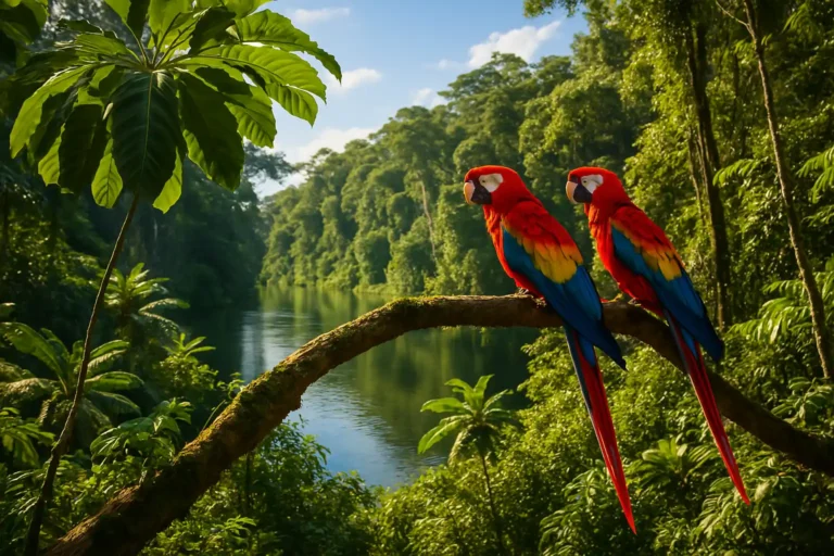 Guacamayos en una rama sobre el río rodeado de selva, uno de los paisajes más representativos de los lugares turísticos de la selva peruana.