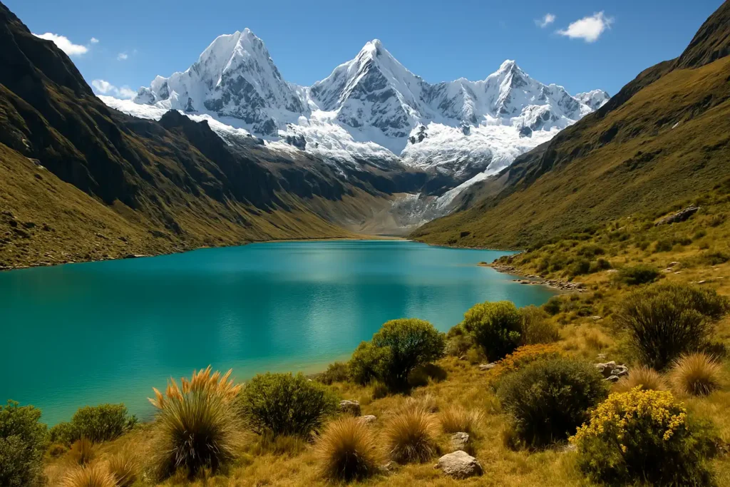 Nevados y laguna turquesa entre vegetación andina en la Cordillera Huayhuash, uno de los lugares turísticos de la sierra peruana.