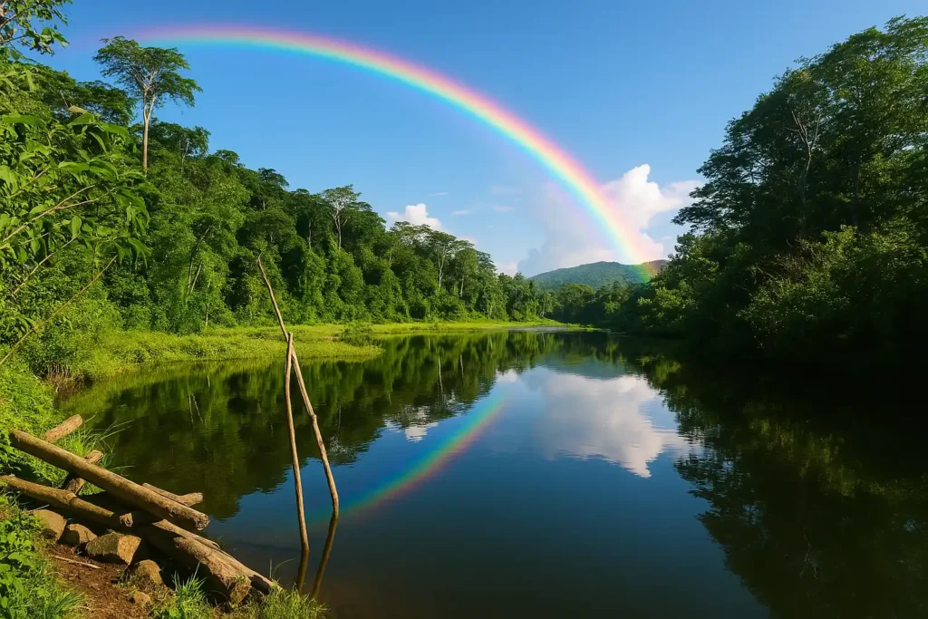 Vista del Parque Nacional del Manu, uno de los lugares turísticos de Madre de Dios más importantes, con vegetación exuberante, río sereno y un arcoíris que decora el paisaje amazónico.