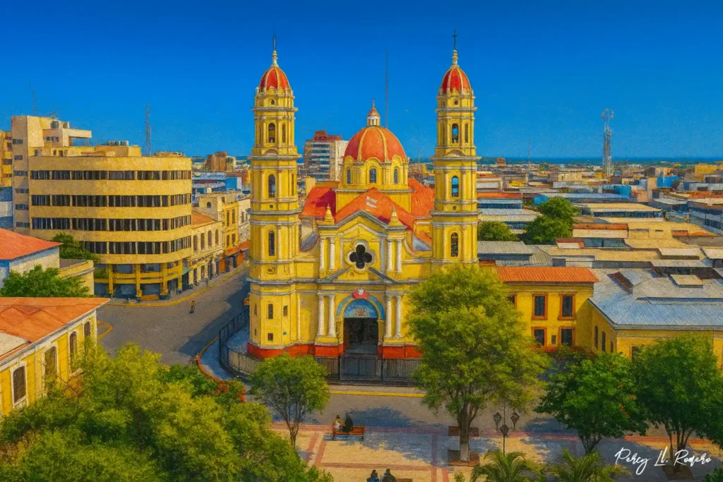 Vista de la Catedral de Piura y su plaza principal, uno de los más emblemáticos lugares turísticos de Piura.