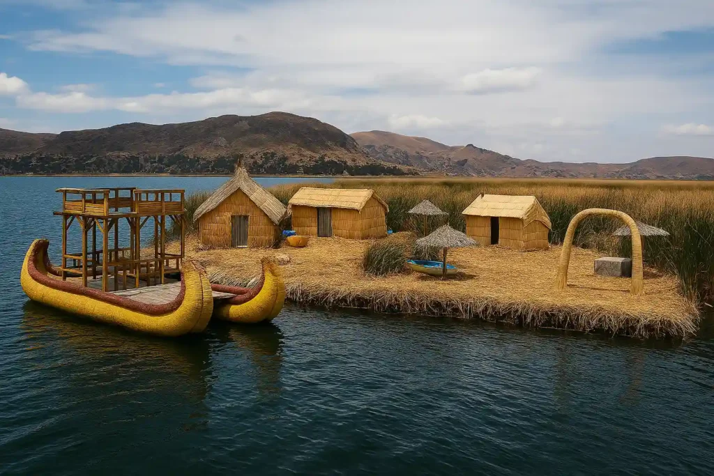 Vista panorámica de las islas flotantes de los Uros, uno de los lugares turísticos de Puno más representativos del Lago Titicaca.