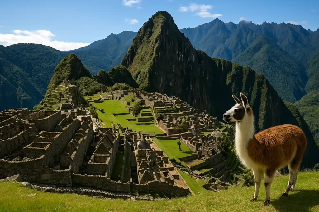 Vista de Machu Picchu con una llama en primer plano, uno de los lugares turísticos del Perú más representativos.