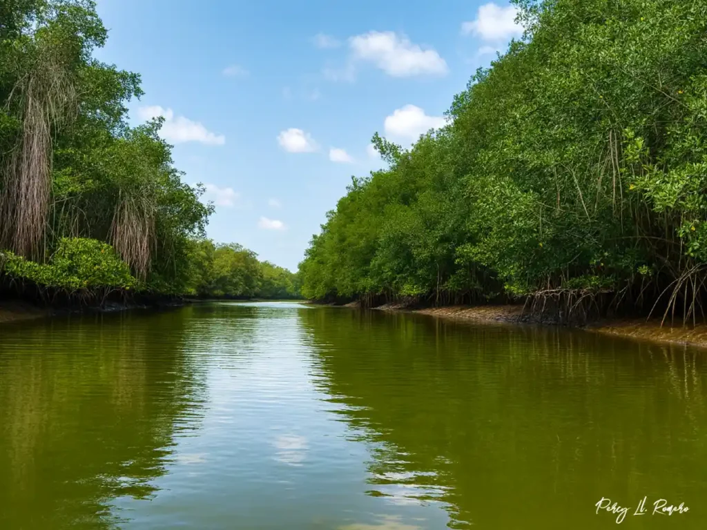 Canales de agua y vegetación en los Manglares de Tumbes, sitio turístico de la costa peruana.