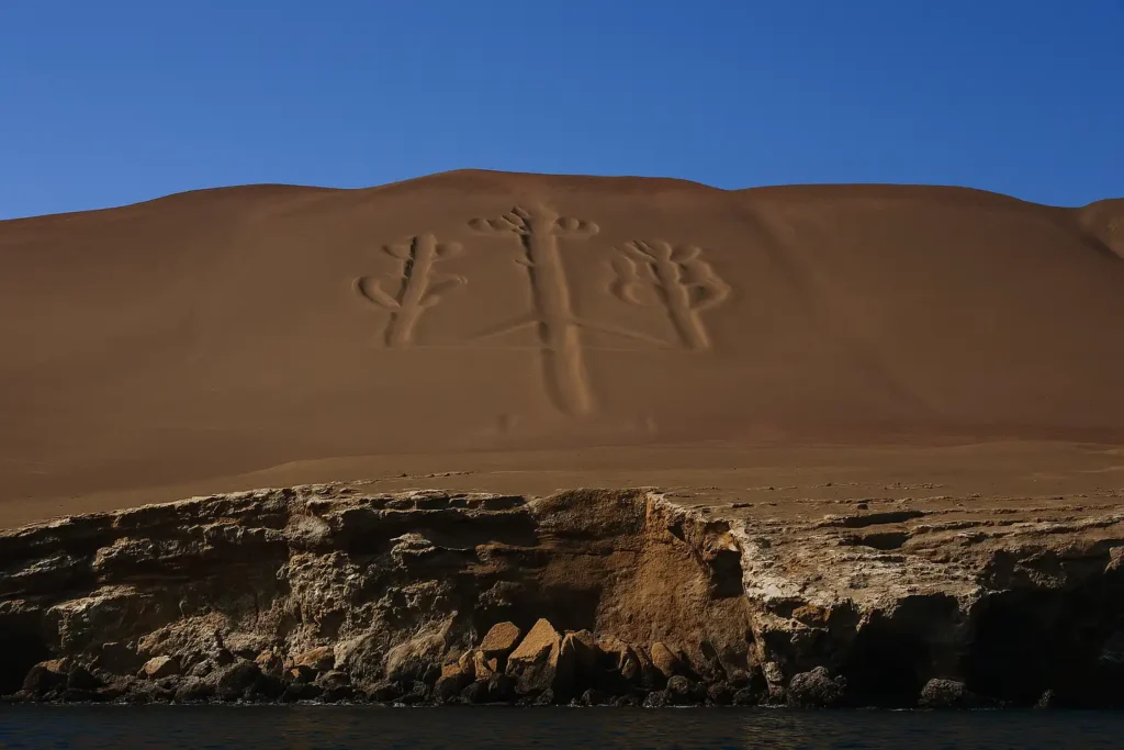 Geoglifo del Candelabro sobre dunas costeras en el Parque Nacional de Paracas, representando el turismo en Perú.