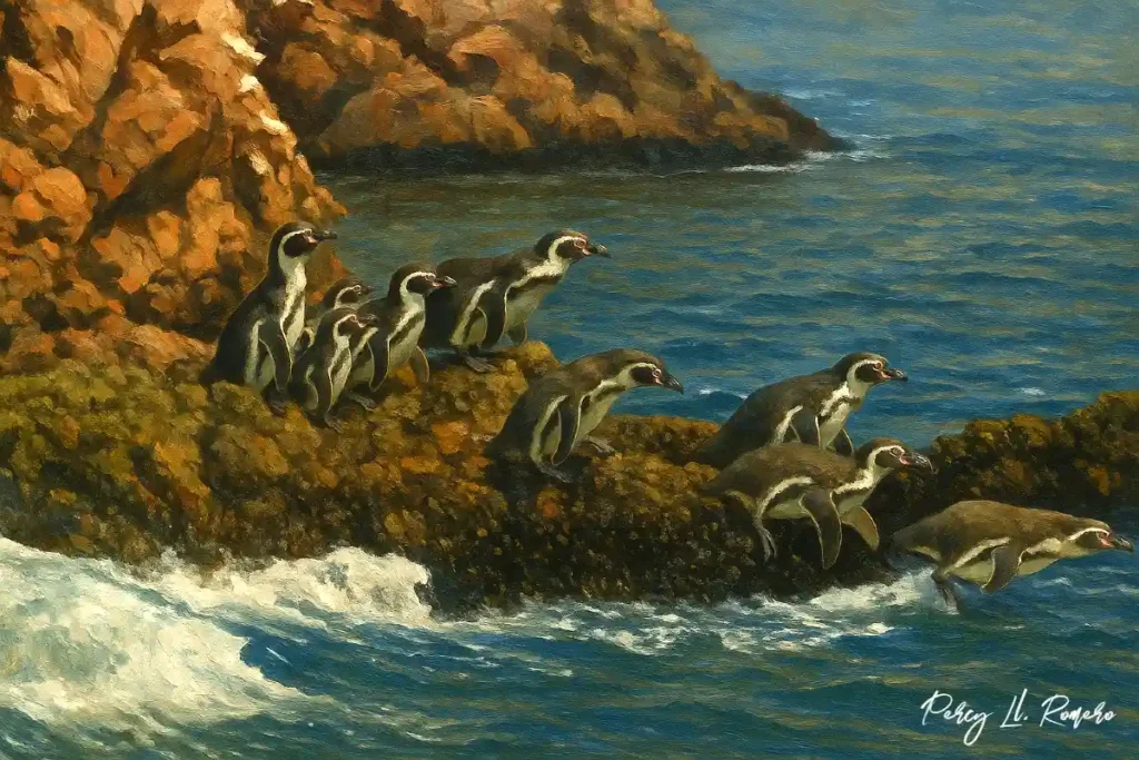 Vista de pingüinos saltando al mar en las Islas Ballestas, uno de los destinos turísticos de Ica más populares para tours en bote.