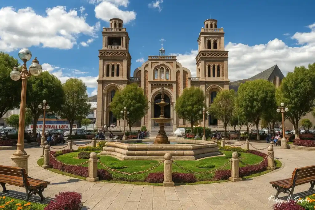 Plaza de Armas de Huaraz con su catedral al fondo y ambiente urbano andino, uno de los lugares turísticos de Huaraz.
