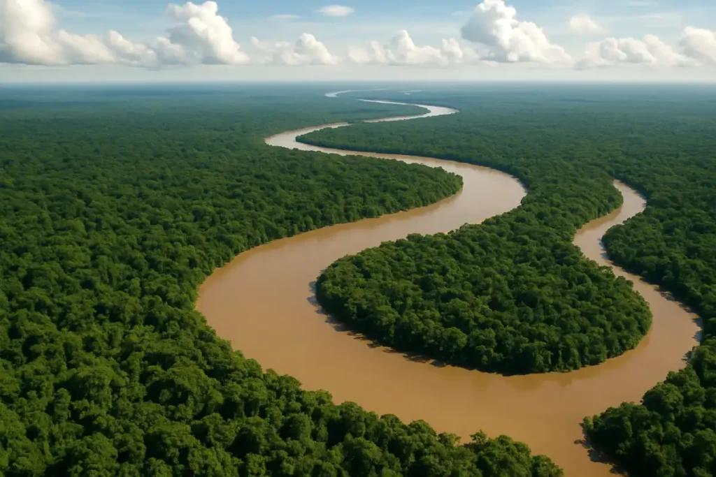 Vista aérea del río Amazonas serpenteando entre la selva de Loreto, cerca de Iquitos, Perú.