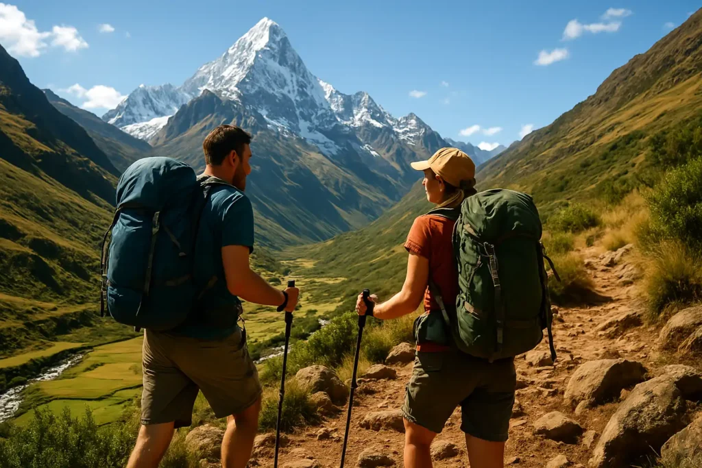 Pareja haciendo trekking en los Andes durante una experiencia de turismo de aventura en Perú, con montañas nevadas al fondo.