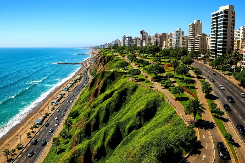 Vista panorámica de Miraflores desde los acantilados, con playas y edificios modernos — turismo en Lima Perú.