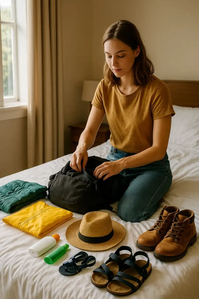 Joven turista organizando su mochila con ropa, calzado y accesorios de viaje, para realizar el turismo en Perú.