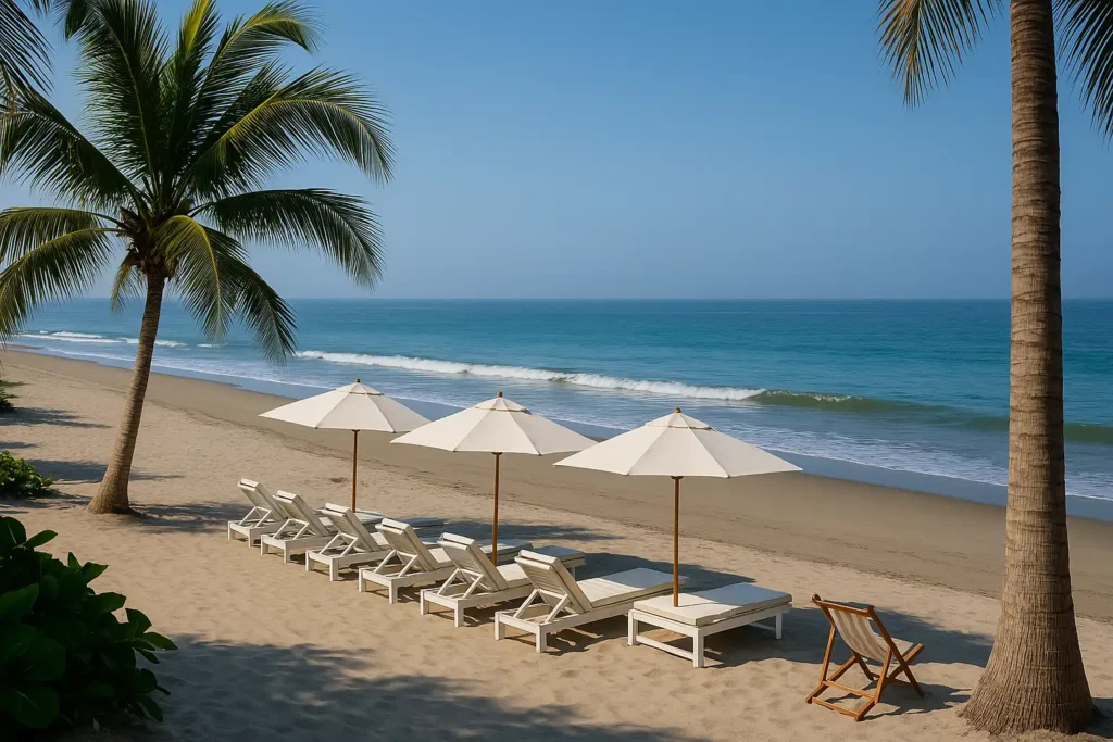 Playa de Máncora en Piura con sombrillas y sillas de descanso, ideal para el turismo en Perú