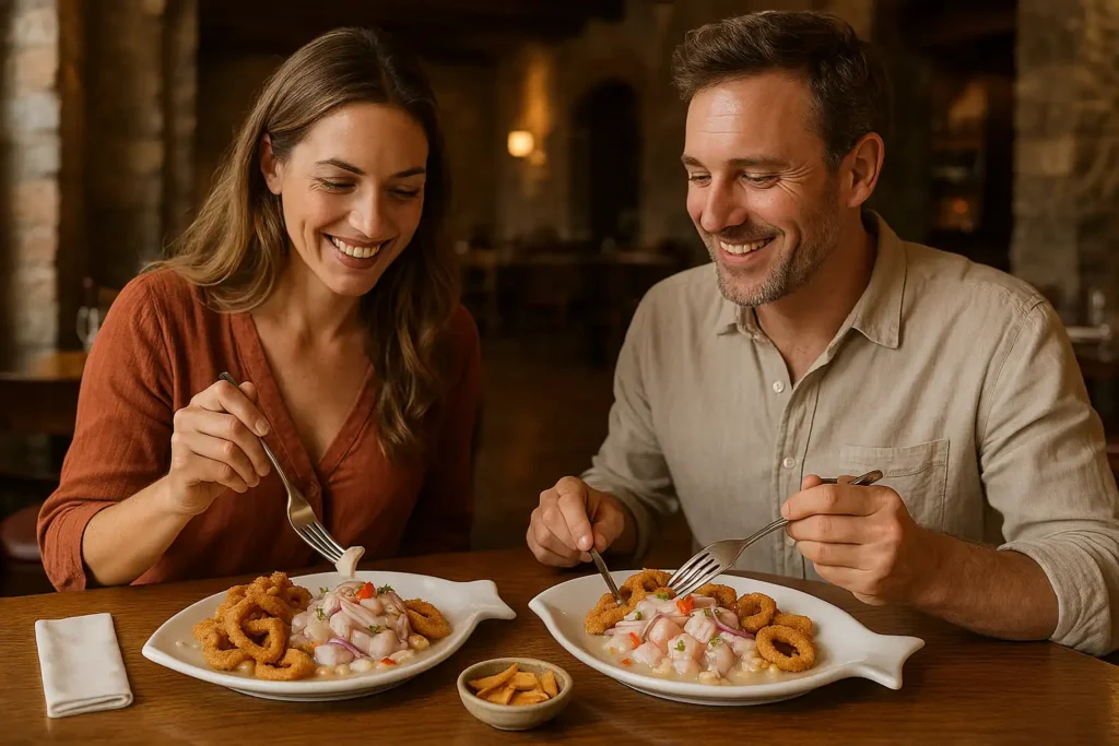 Pareja de turistas disfrutando de ceviche con chicharrón de calamar en restaurante rústico de lujo en Lima — turismo gastronómico en Perú.