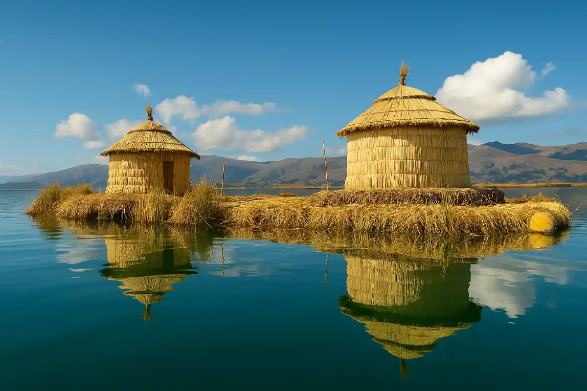 Viviendas flotantes tradicionales en la Isla de los Uros, uno de los lugares turísticos del Perú en el Lago Titicaca, Puno.