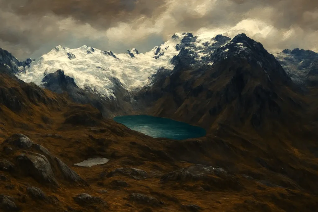 Vista panorámica del nevado Huaytapallana con la laguna en su falda