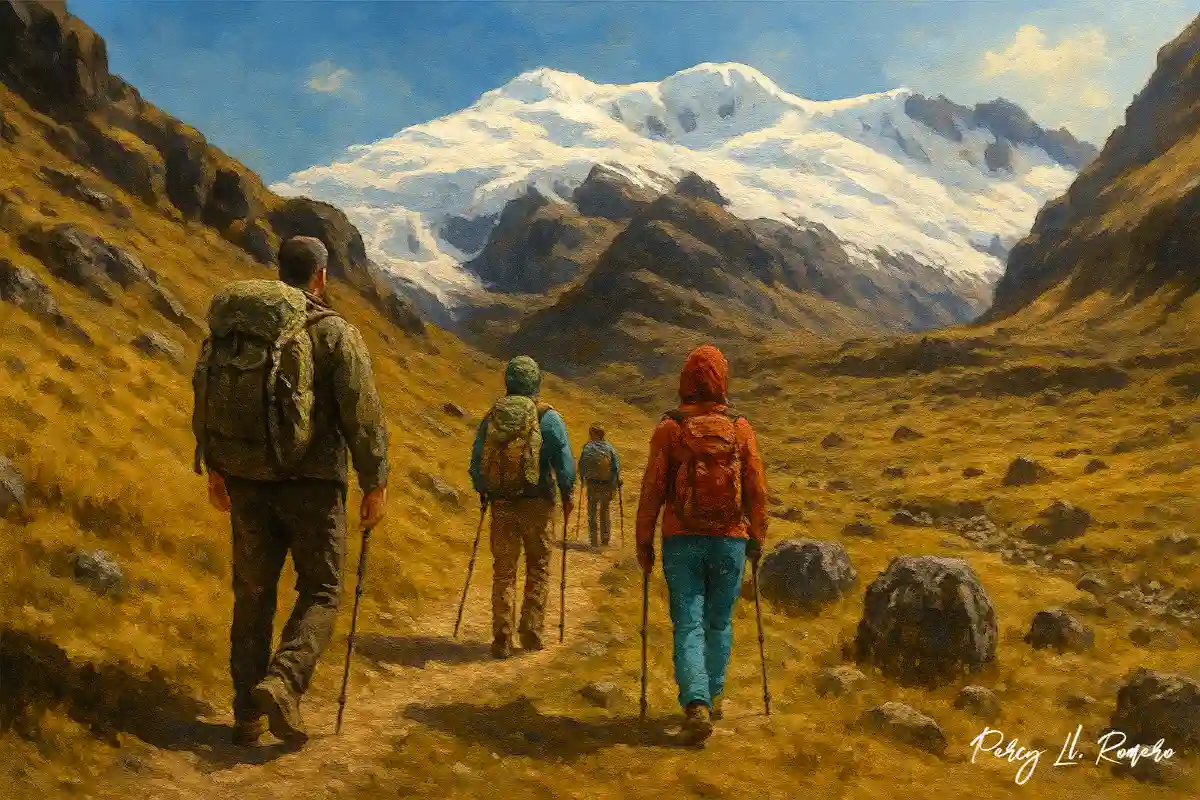 turistas haciendo trekking al nevado huaytapallana