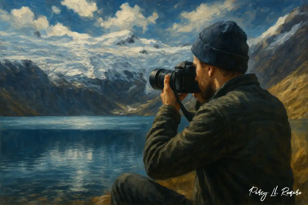 Hombre turista fotografiando el nevado y la laguna de Huaytapallana.