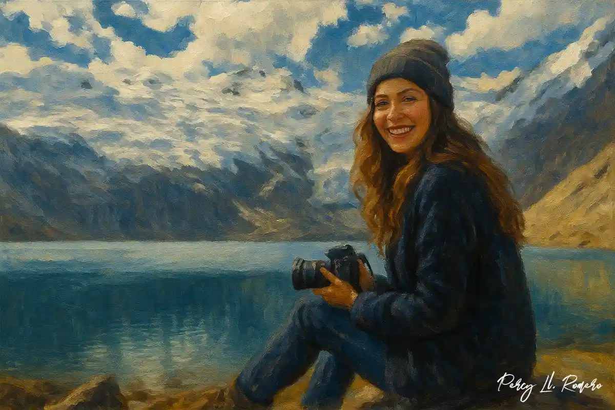 Mujer turista sonriendo con cámara frente a la laguna y nevado Huaytapallana.